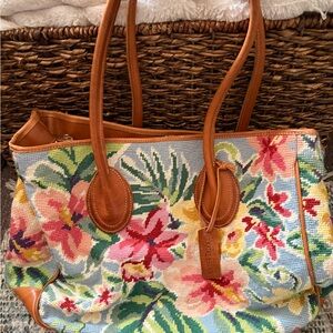 Katha Diddel Floral Tapestry and Leather Trim Tote Bag